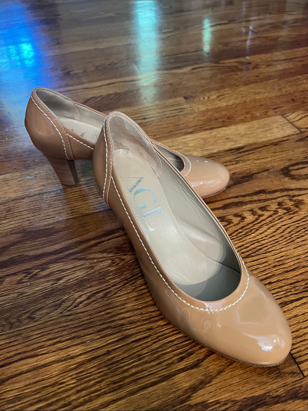 AGL Patent Leather Nude/Tan Mid Heel Pumps